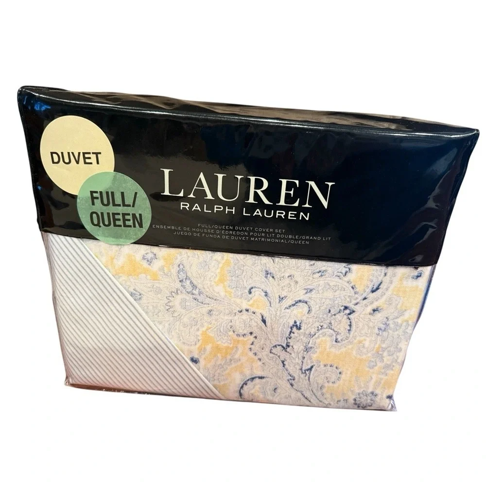 RALPH LAUREN Marisa Blue/Yellow Paisley Full/Queen Duvet SET Cotton 3 pc NWT